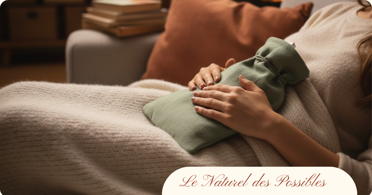Gros plan sur des mains maintenant une bouillotte chaude sur le bas-ventre, une technique naturelle efficace pour soulager les crampes des règles douloureuses.