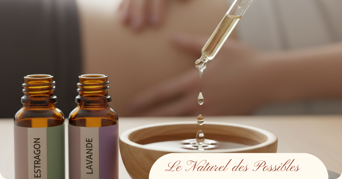 Préparation d'une huile de massage avec des huiles essentielles d'estragon et de lavande pour calmer les spasmes utérins lors des règles douloureuses.