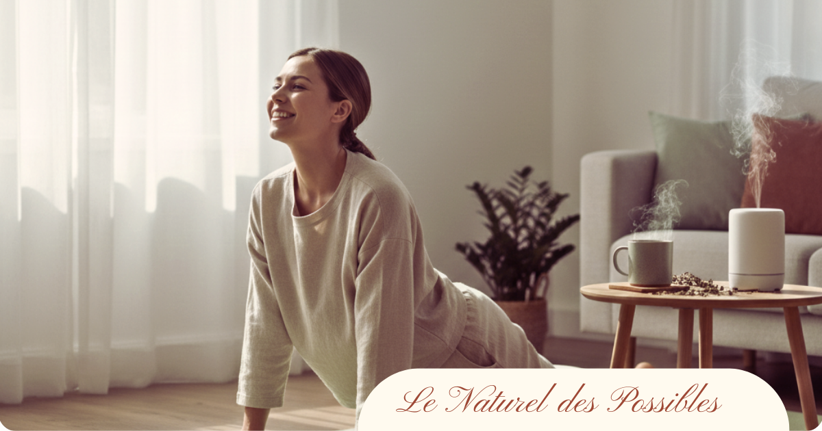 Femme souriante en posture de yoga doux près d'un diffuseur d'huiles essentielles et d'une tisane.