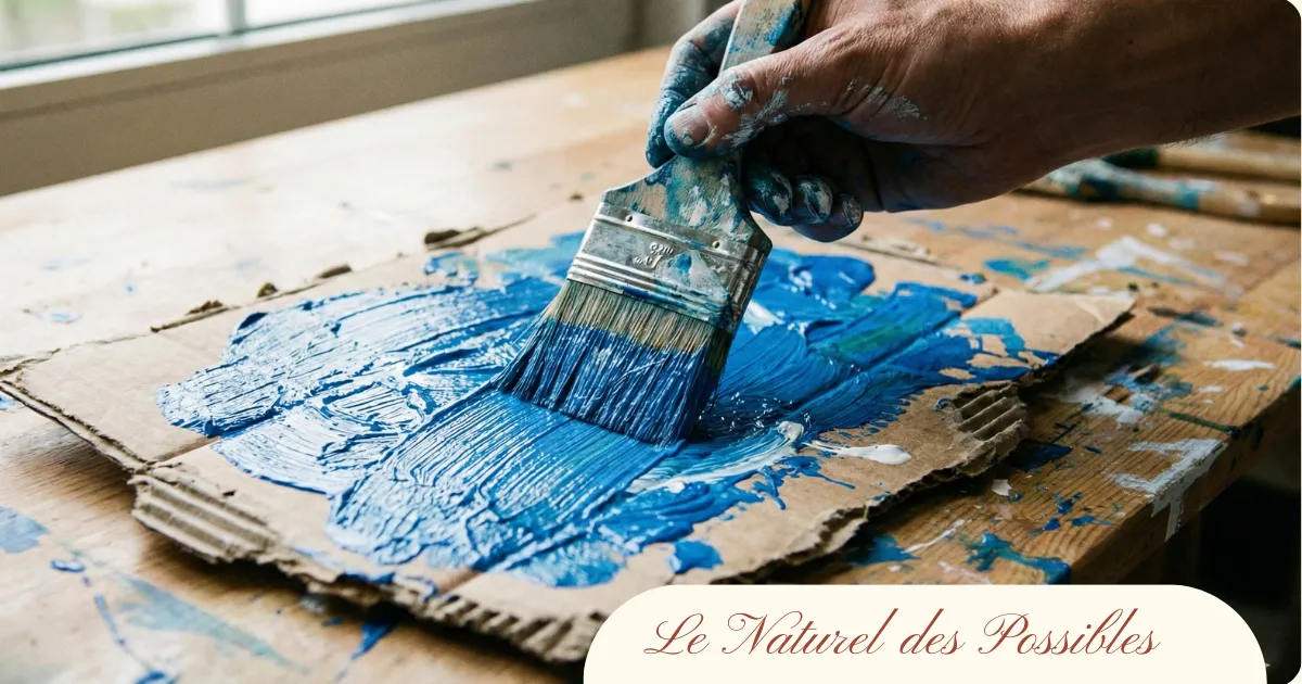 Gros plan sur une main appliquant énergiquement de la peinture bleue épaisse sur un carton, symbolisant l'expression brute et la liberté du geste en art-thérapie.