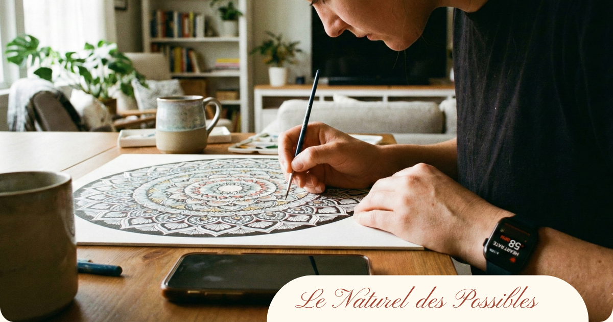 Une personne concentrée peignant avec précision les détails d'un mandala, favorisant l'état de flow et la réduction de l'anxiété mentale.