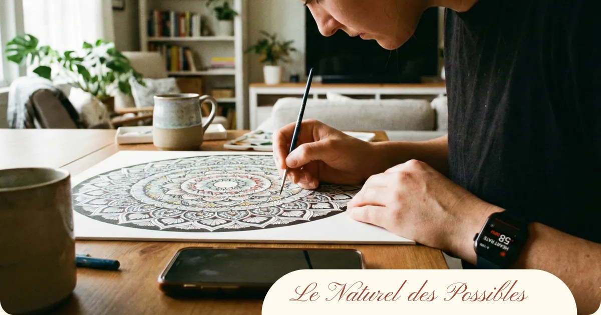 Une personne concentrée peignant avec précision les détails d'un mandala, favorisant l'état de flow et la réduction de l'anxiété mentale.