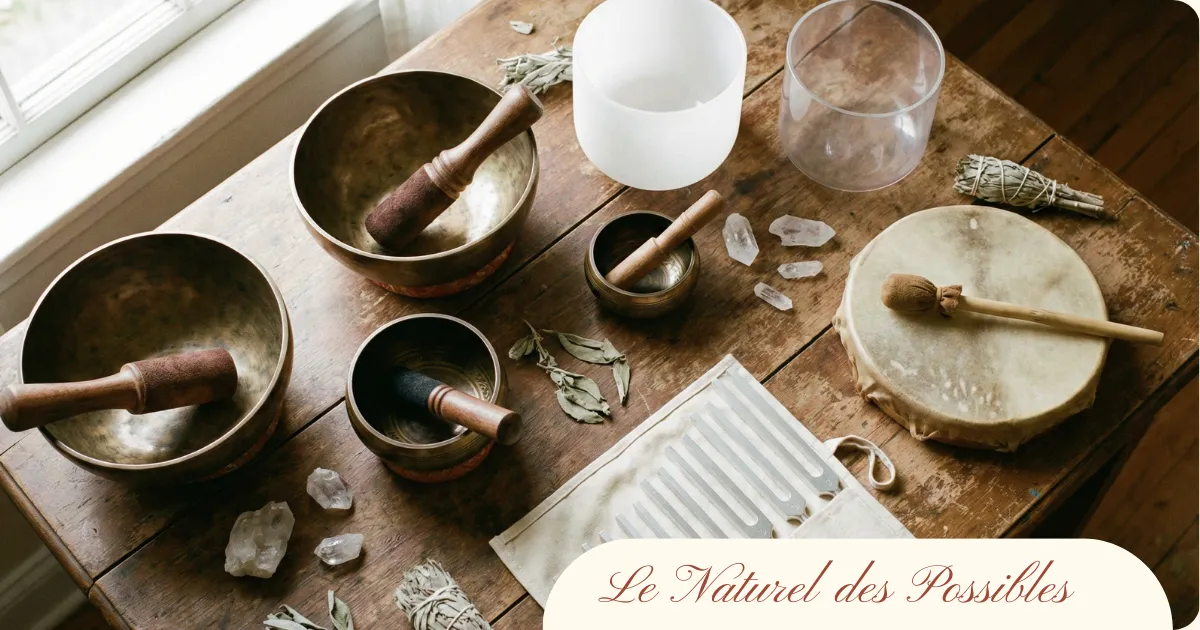 Vue de dessus (flat lay) d'un ensemble complet d'instruments de guérison sonore sur une table en bois rustique, incluant des bols tibétains anciens avec maillets, des bols chantants en cristal dépoli, une trousse de diapasons thérapeutiques, un tambour chamanique, de la sauge et des cristaux de quartz.