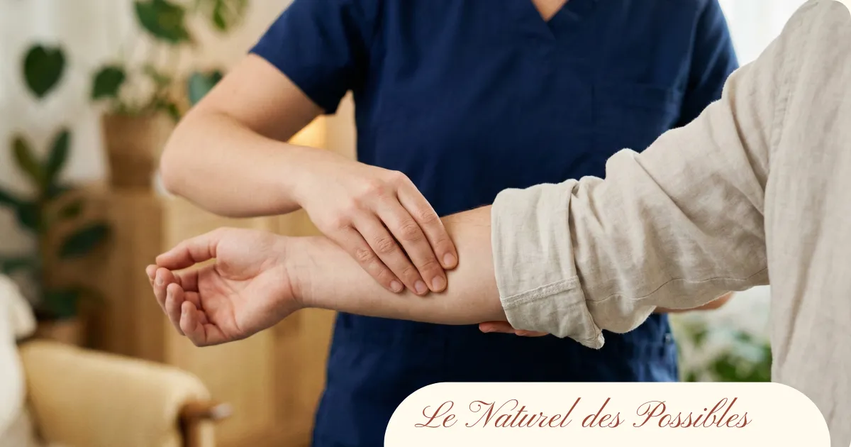 Gros plan sur la technique du test musculaire effectué sur le poignet d'une cliente par un praticien de santé.