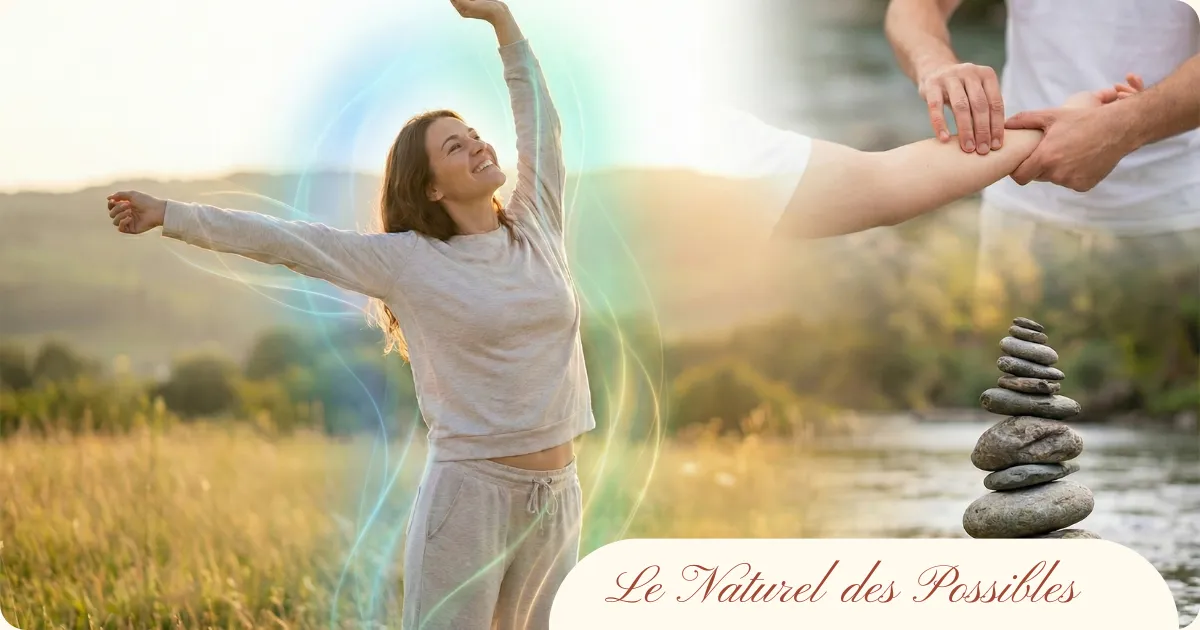 Femme profitant des bienfaits de la kinésiologie, alliant énergie positive, équilibre naturel et test musculaire pour le bien-être.