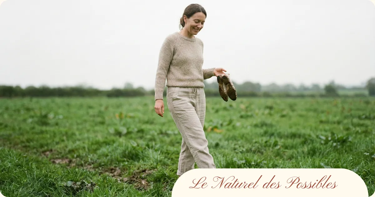 Femme souriante marchant pieds nus dans un champ d'herbe, illustrant les bienfaits de la reconnexion à la nature pour la santé des pieds.