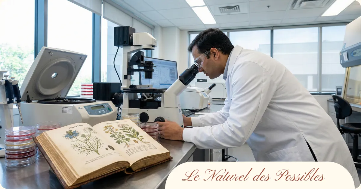 chercheur en laboratoire utilisant un microscope à côté d'un grimoire de botanique ouvert sur la plante nigella sativa.