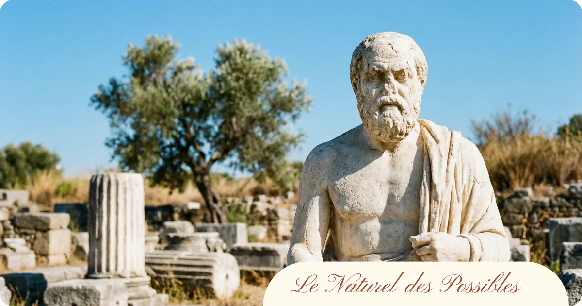 Statue de Socrate dans des ruines antiques illustrant la connaissance de soi et l'histoire de la confiance en soi.