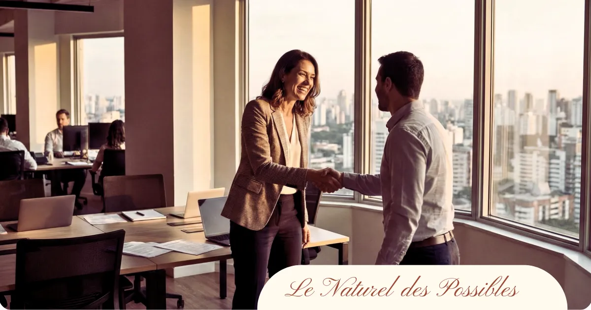 Femme d'affaires souriante serrant la main d'un collègue dans un bureau pour illustrer la confiance en milieu professionnel.