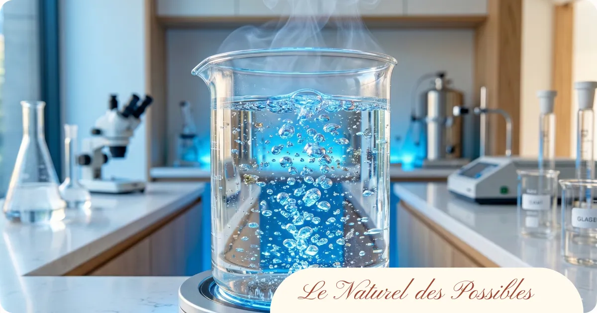 Un bécher de laboratoire contenant de l'eau de mer en ébullition pour illustrer les preuves scientifiques de la concentration en minéraux et la régénération cellulaire.