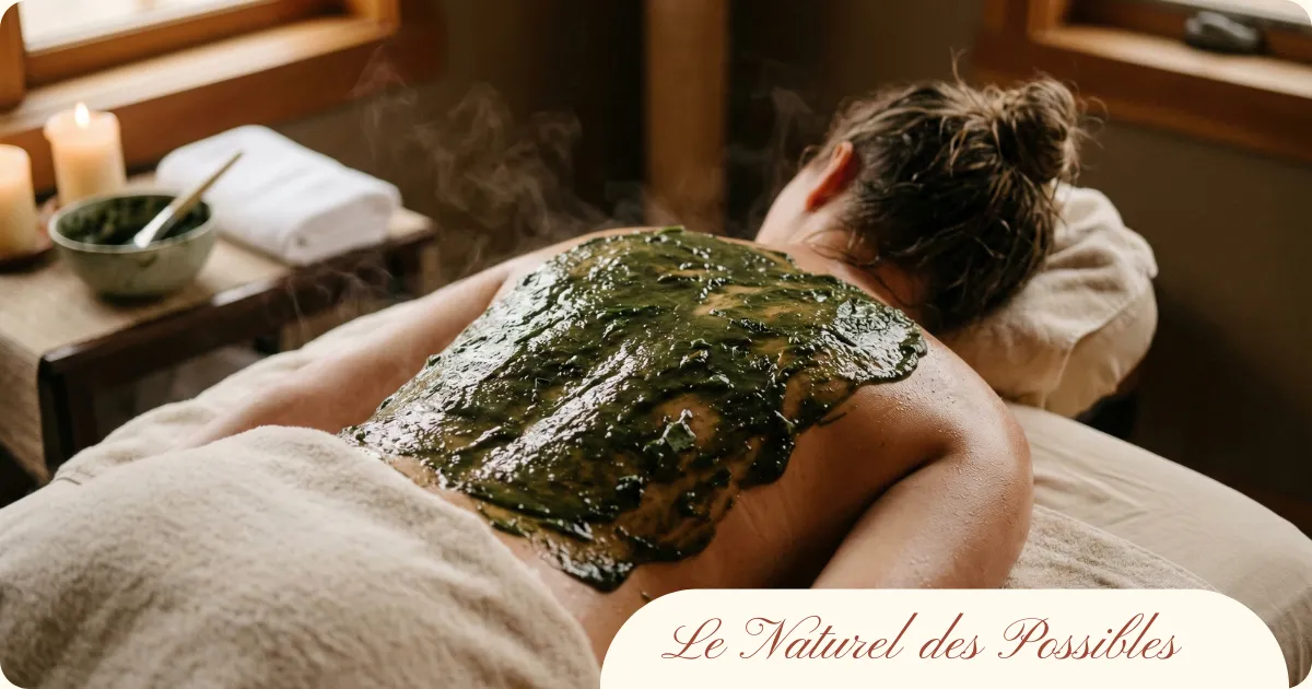 Gros plan d'un enveloppement aux algues marines appliqué sur le dos d'une personne pour une détoxification naturelle et un soulagement des douleurs articulaires.