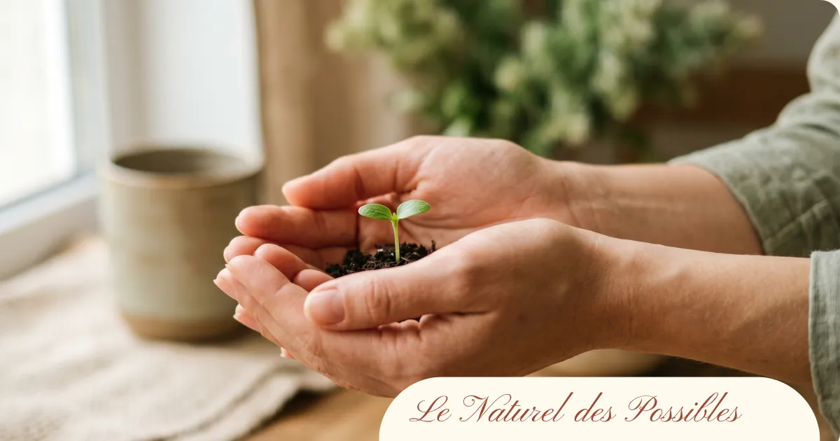 Mains tenant avec soin une jeune pousse verte au-dessus d'un terreau fertile, symbolisant la croissance et la santé naturelle. Le logo "Le Naturel des Possibles" est visible en bas à droite sur un fond de décoration intérieure douce.