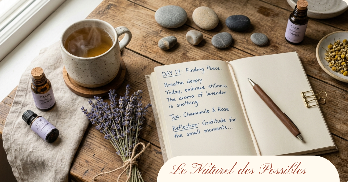Journal ouvert avec notes sur la sérénité, huiles essentielles de lavande, tisane fumante et galets sur une table en bois — rituel naturel anti-stress