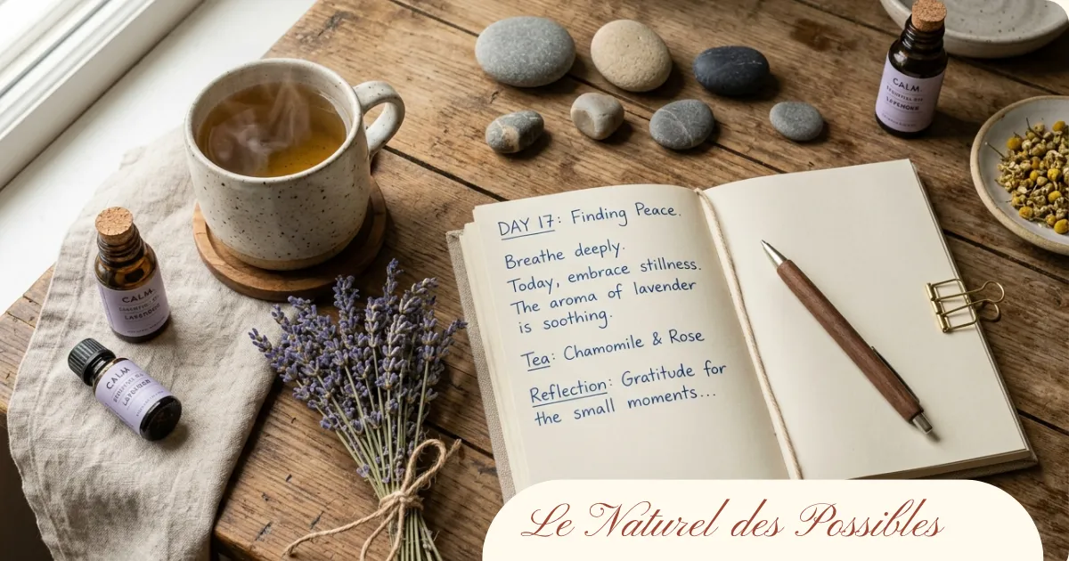 Journal ouvert avec notes sur la sérénité, huiles essentielles de lavande, tisane fumante et galets sur une table en bois — rituel naturel anti-stress