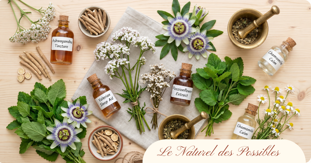 Vue de dessus de plantes médicinales anti-stress disposées sur fond clair : teinture d'ashwagandha, extrait de passiflore, valériane et camomille avec mortier et pilon