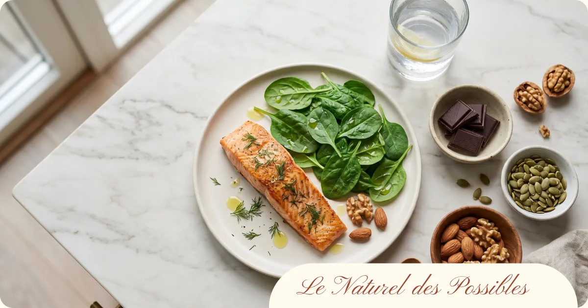 Assiette de saumon grillé avec épinards frais, accompagnée de chocolat noir, noix, amandes et graines de courge — aliments riches en magnésium et oméga-3 contre le stress