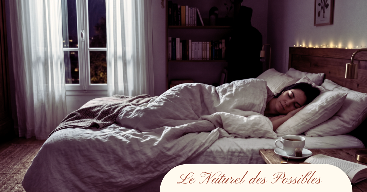 Femme endormie paisiblement dans une chambre tamisée avec tisane et livre sur la table de nuit — sommeil réparateur comme solution naturelle contre le stress et l'anxiété