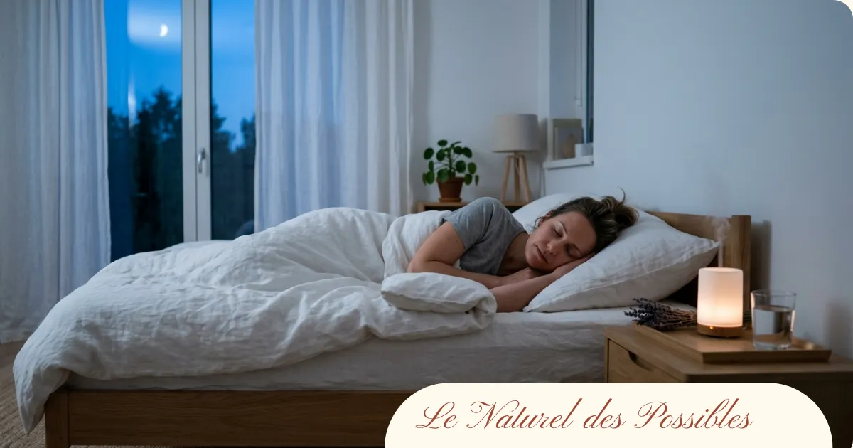 Femme qui dort paisiblement dans une chambre minimaliste avec un diffuseur de lavande sur la table de nuit