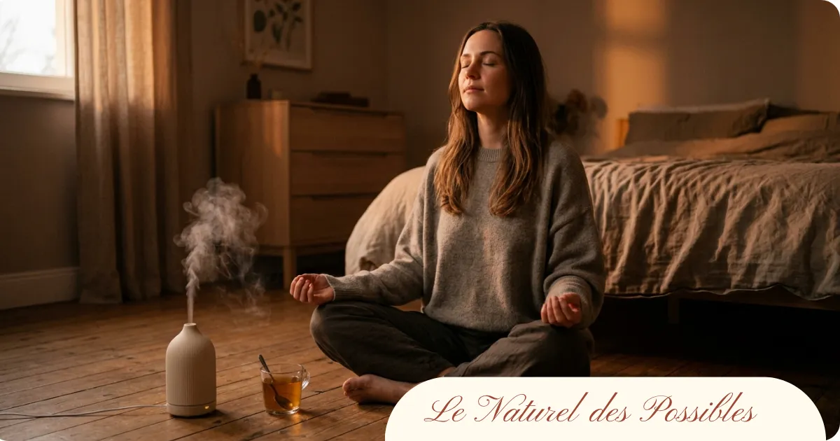 Femme pratiquant la méditation assise en tailleur dans sa chambre, avec un diffuseur d'huiles essentielles et une tisane pour favoriser le sommeil