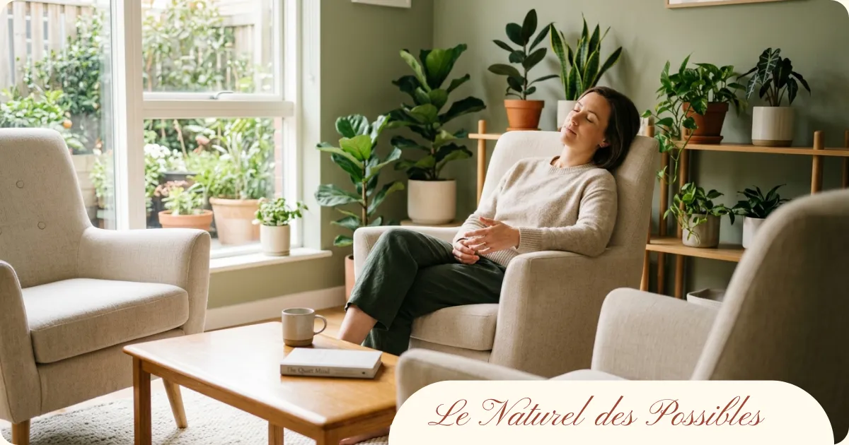 Femme détendue dans un fauteuil les yeux fermés dans un salon végétal lumineux, pratiquant une technique de relaxation ou de sophrologie