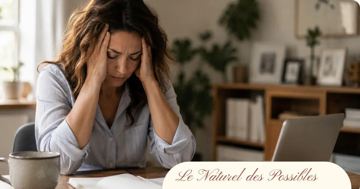 Femme en situation de burnout, les mains sur les tempes, assise devant son ordinateur portable à son bureau