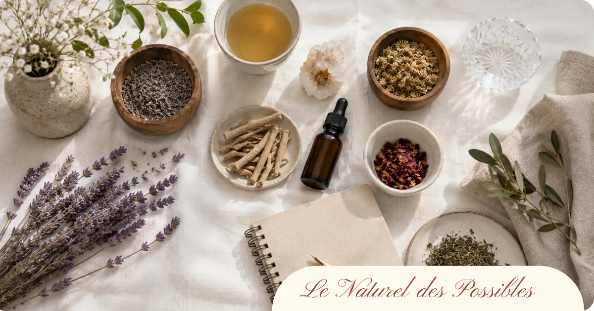 Vue de dessus sur une sélection de plantes médicinales, lavande, ashwagandha, camomille et huile essentielle, pour accompagner naturellement le burnout