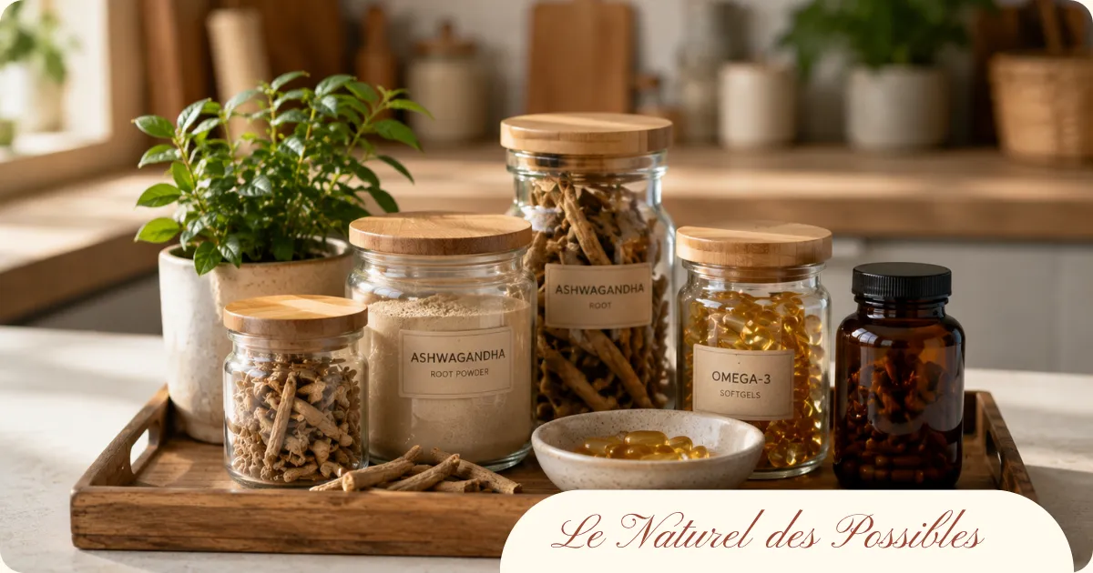 Bocaux en verre contenant de l'ashwagandha en poudre, des racines d'ashwagandha et des capsules d'oméga-3, posés sur un plateau en bois dans une cuisine lumineuse