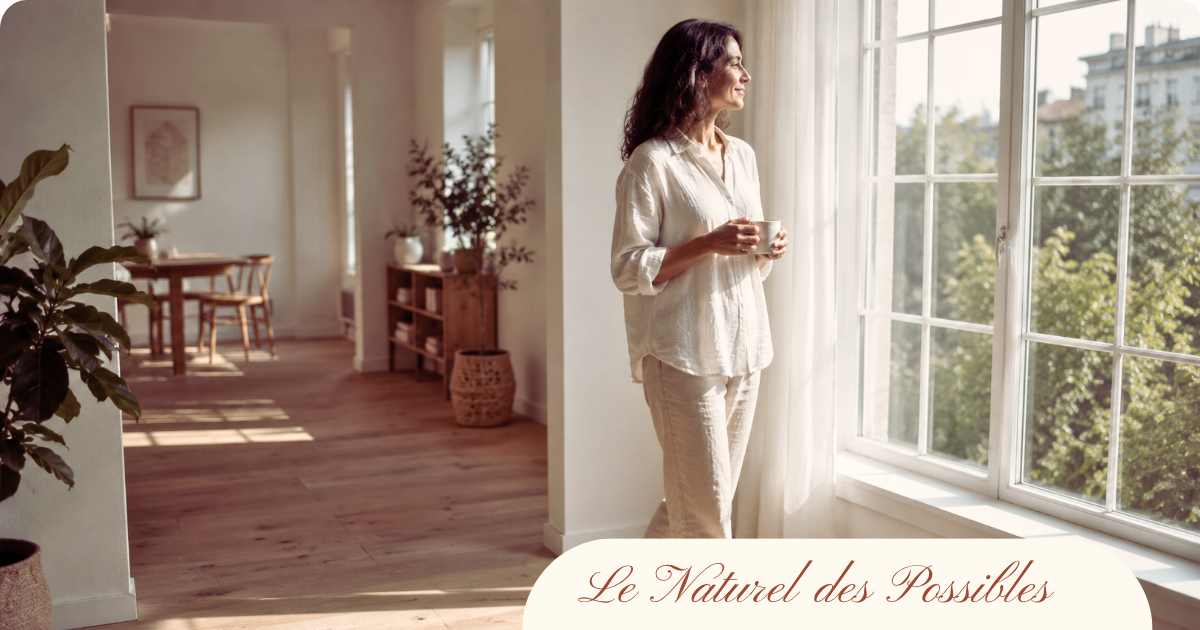 Femme en tenue de lin blanc tenant une tasse, debout près d'une grande fenêtre lumineuse, dans une atmosphère calme et apaisante évoquant la récupération après un burnout