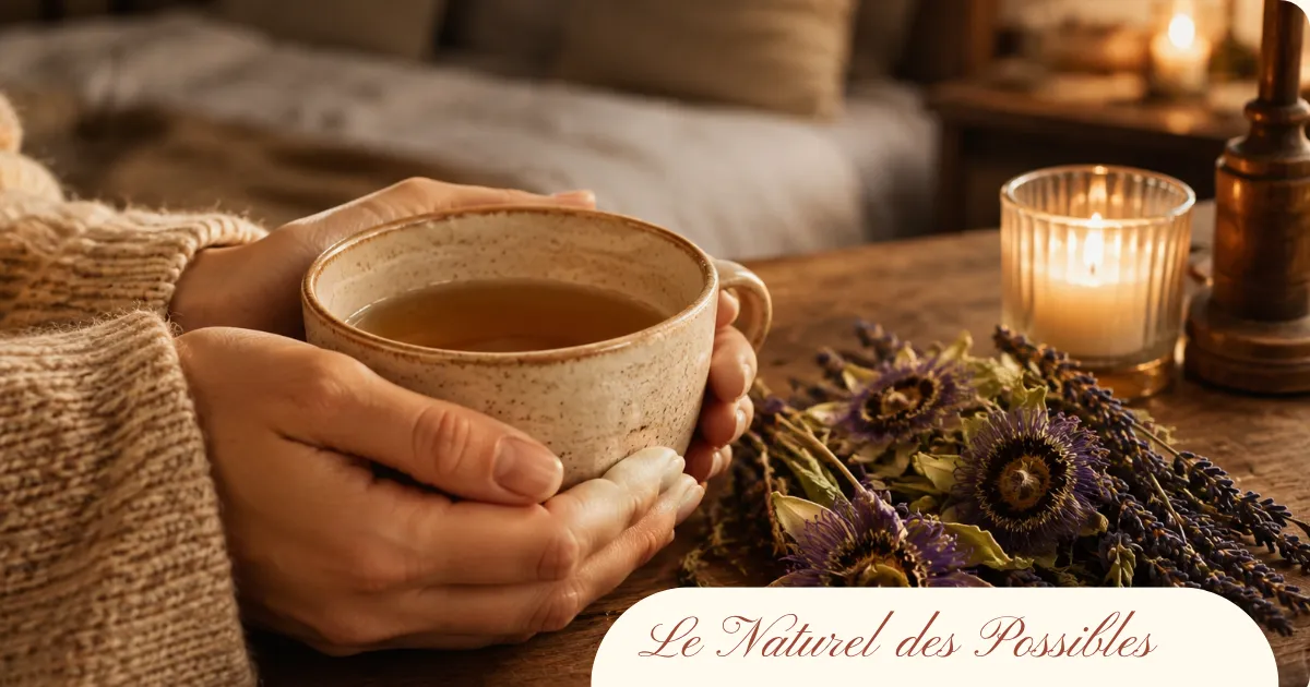 Mains tenant une tasse de tisane de plantes médicinales pour le sommeil sur une table de chevet en bois