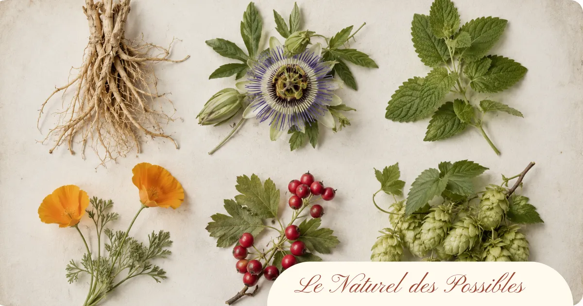 Six plantes médicinales pour favoriser le sommeil disposées sur papier blanc : valériane, passiflore, mélisse, eschscholtzia, aubépine et houblon