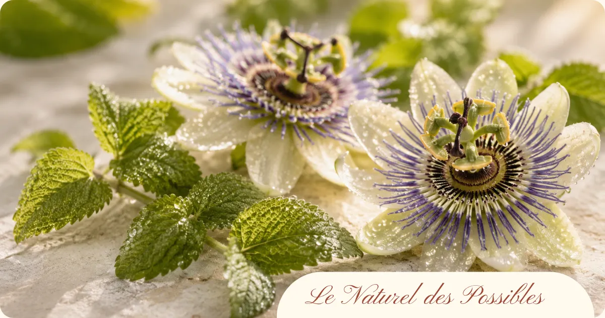  Fleurs de passiflore et feuilles de mélisse fraîches sur pierre claire, lumière du matin