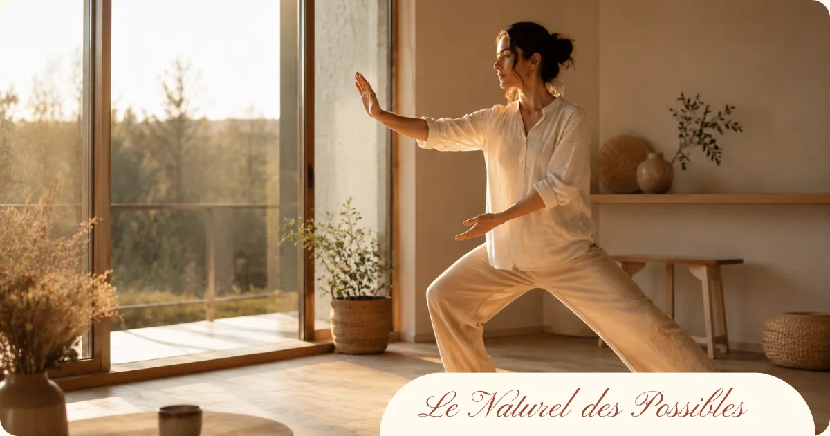 Personne pratiquant un mouvement doux de Qi Gong le matin