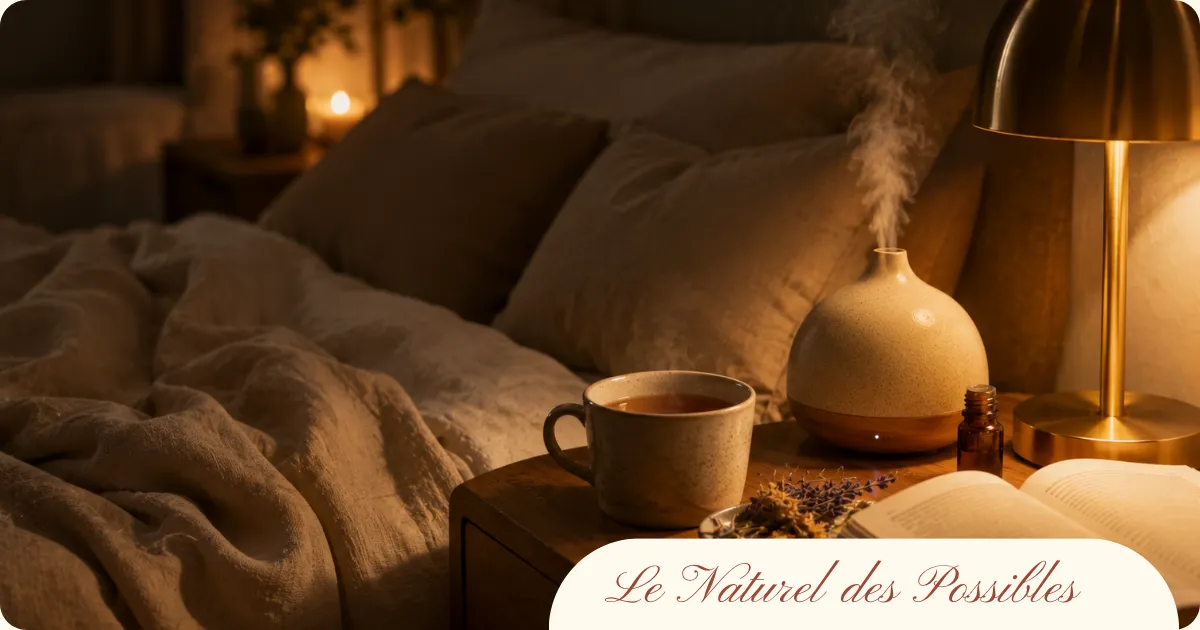 Diffuseur d'huile essentielle de lavande sur une table de chevet le soir