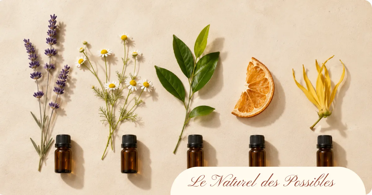 Images des plantes sources des huiles essentielles pour le sommeil : lavande, camomille, ylang-ylang, mandarine, petit grain bigarade