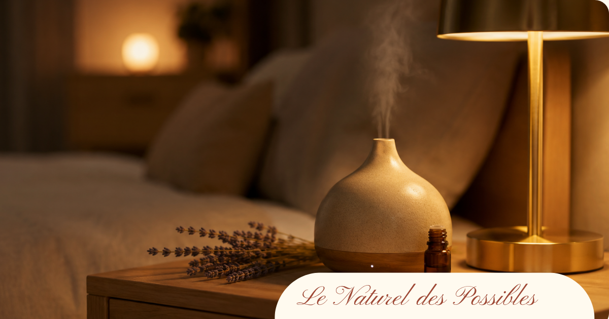 Un diffuseur d’huiles essentielles est allumée à côté d’un lit le soir
