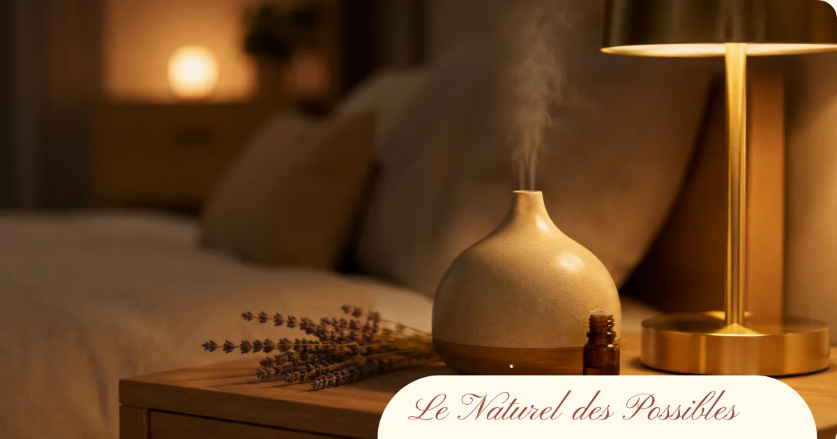 Un diffuseur d’huiles essentielles est allumée à côté d’un lit le soir