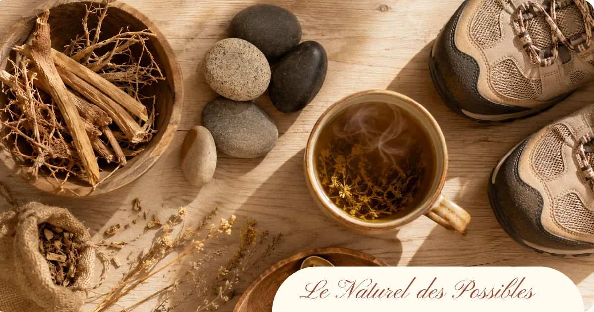 Composition d'éléments symbolisant les approches naturelles contre l'arthrose : plantes, marche, tisane