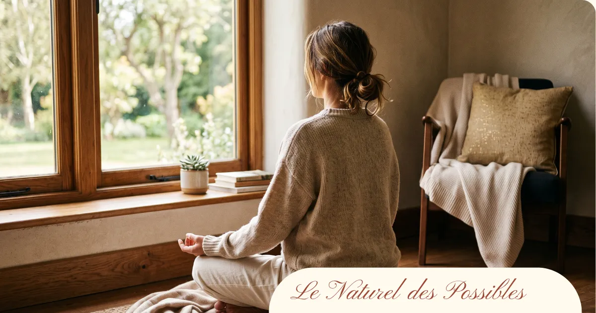 Femme pratiquant la respiration consciente près d'une fenêtre, ambiance sereine évoquant la méditation et la gestion du stress