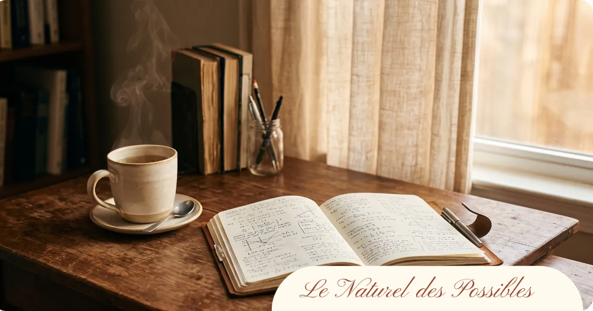 Carnet de notes et tasse de tisane sur un bureau chaleureux, ambiance studieuse évoquant la recherche scientifique sur le bien-être