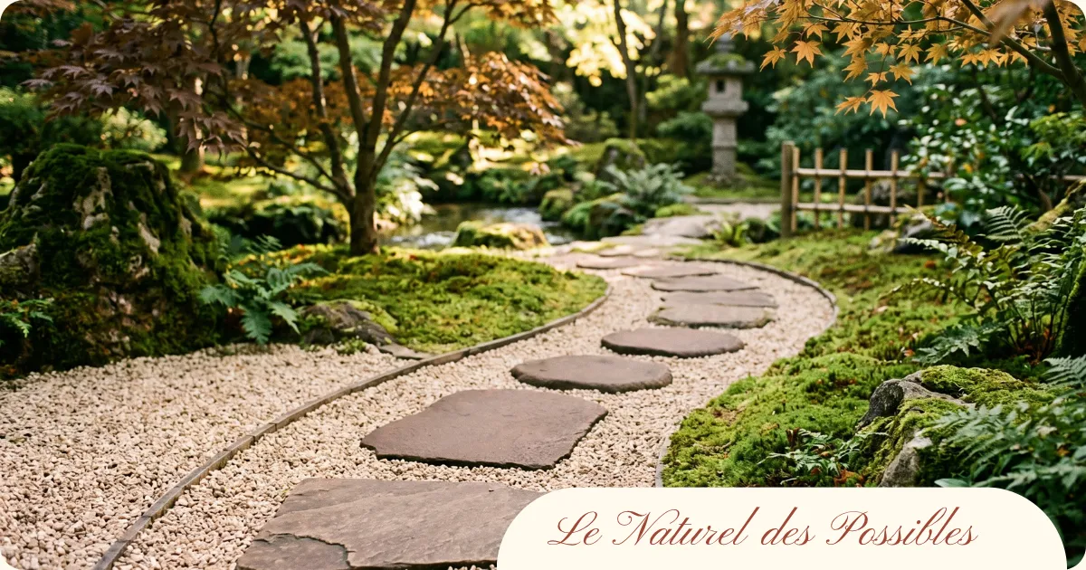 Chemin symbolique avec pierre dans un jardin zen, évoquant le choix d'une pratique de bien-être personnalisée