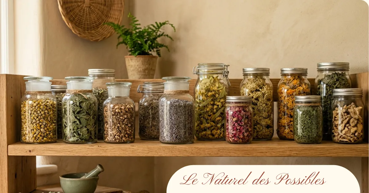 Bocaux de plantes médicinales séchées sur une étagère en bois, pour une pharmacie naturelle maison
