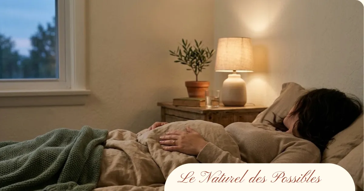 Personne allongée dans son lit, une main posée sur le ventre, pratiquant un exercice de sophrologie pour s'endormir