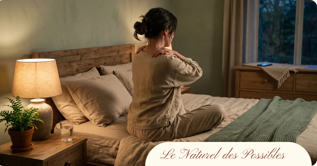 Femme assise sur son lit dans une chambre tamisée, téléphone posé loin du lit, qui se prépare à un exercice de sophrologie pour dormir