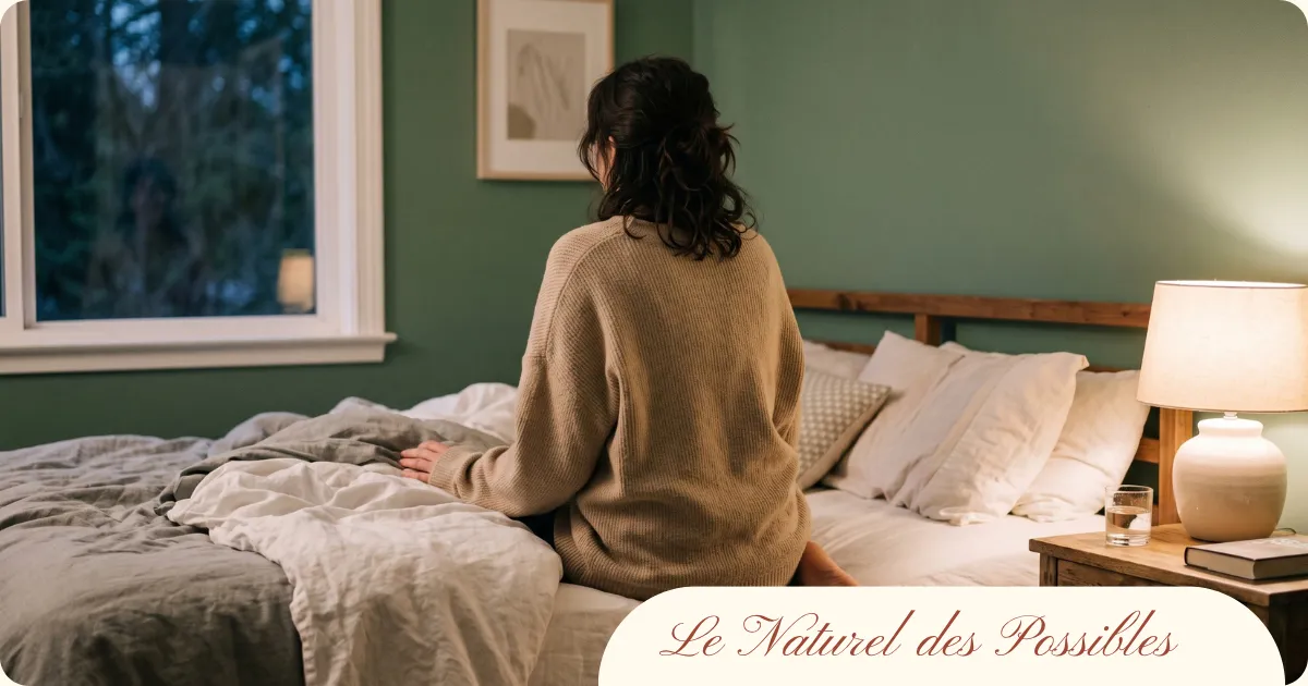 Personne assise au bord du lit réalisant le pompage des épaules, exercice de relaxation dynamique en sophrologie
