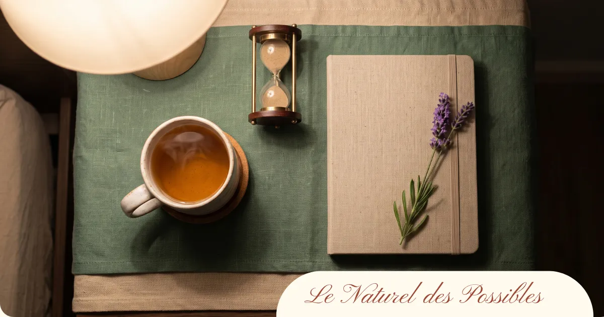 Table de chevet avec un sablier et une tisane, symbolisant une routine de sophrologie de 15 minutes avant le coucher