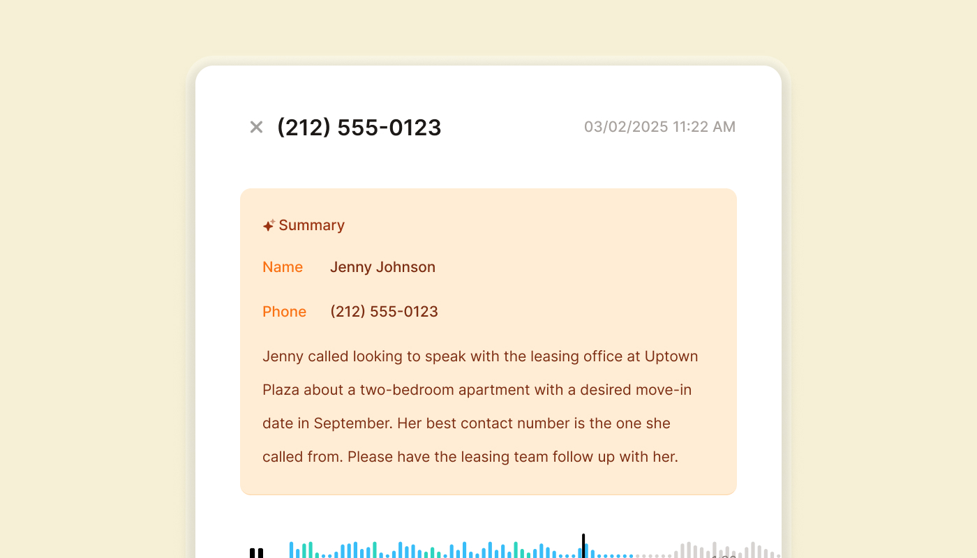 An example of a call summary and transcript for ZPG Companies, a property management user for Upfirst.