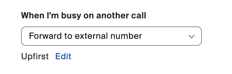Zoom Phone settings showing call forwarding to an external number when the line is busy.