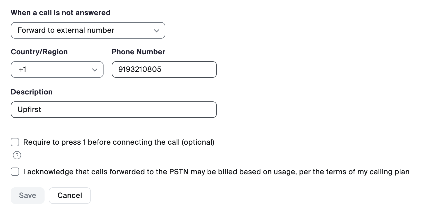 Zoom Phone external number forwarding setup with press 1 option unchecked.