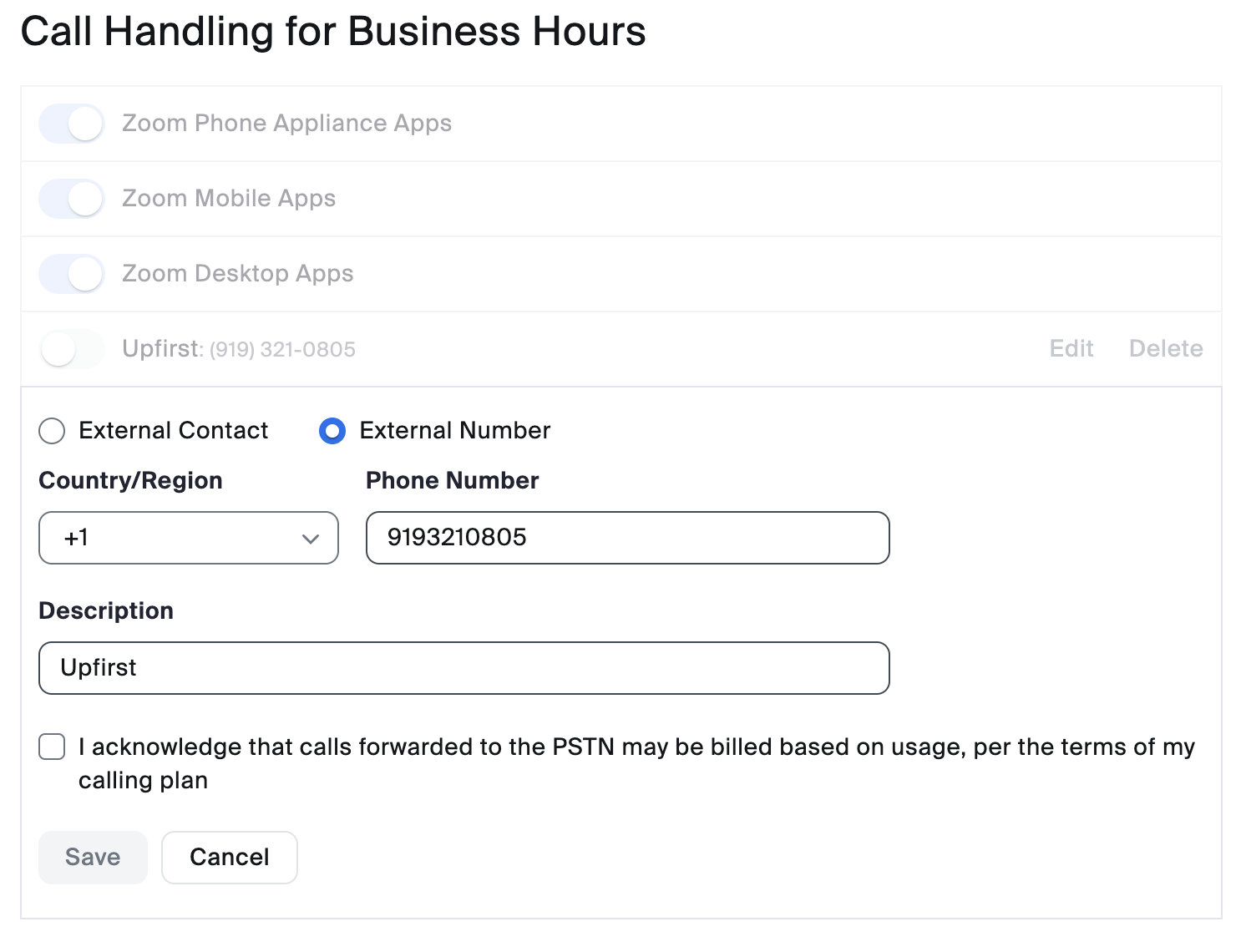 Zoom Phone call handling settings with an external forwarding number and description field.