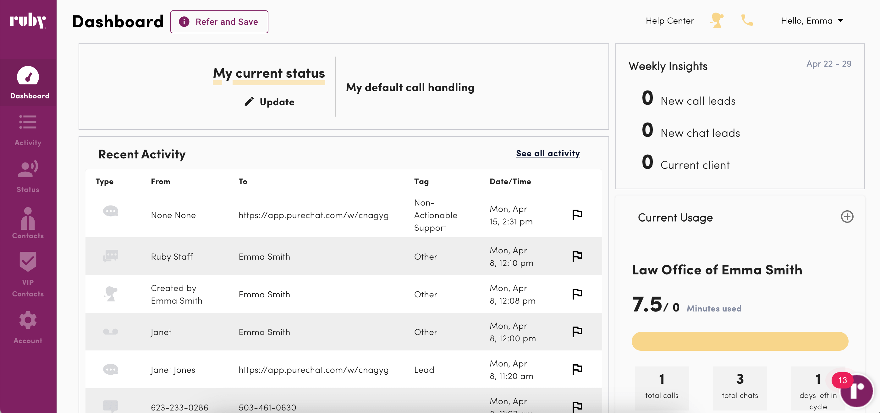 Screenshot of the Ruby answering service dashboard